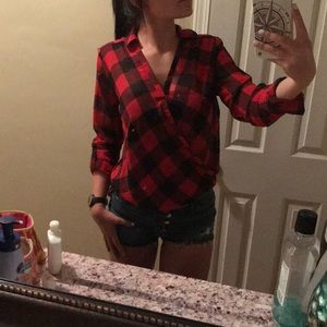 Red Plaid Mesh Wrap Top